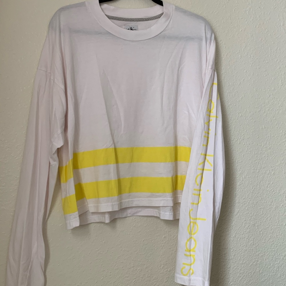 white & yellow striped calvin klein long sleeve